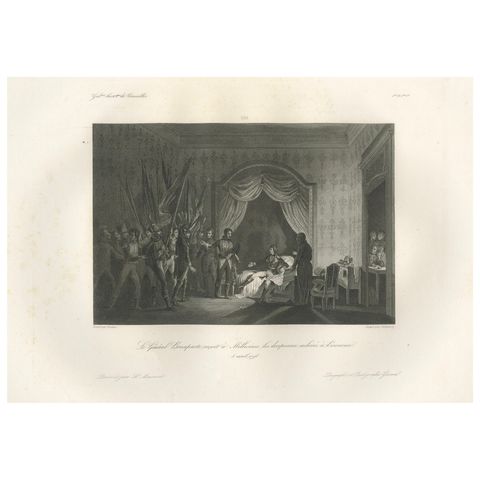 Napoleon Accepts Captured Banners in Milan, French Empire Engraving c.1840