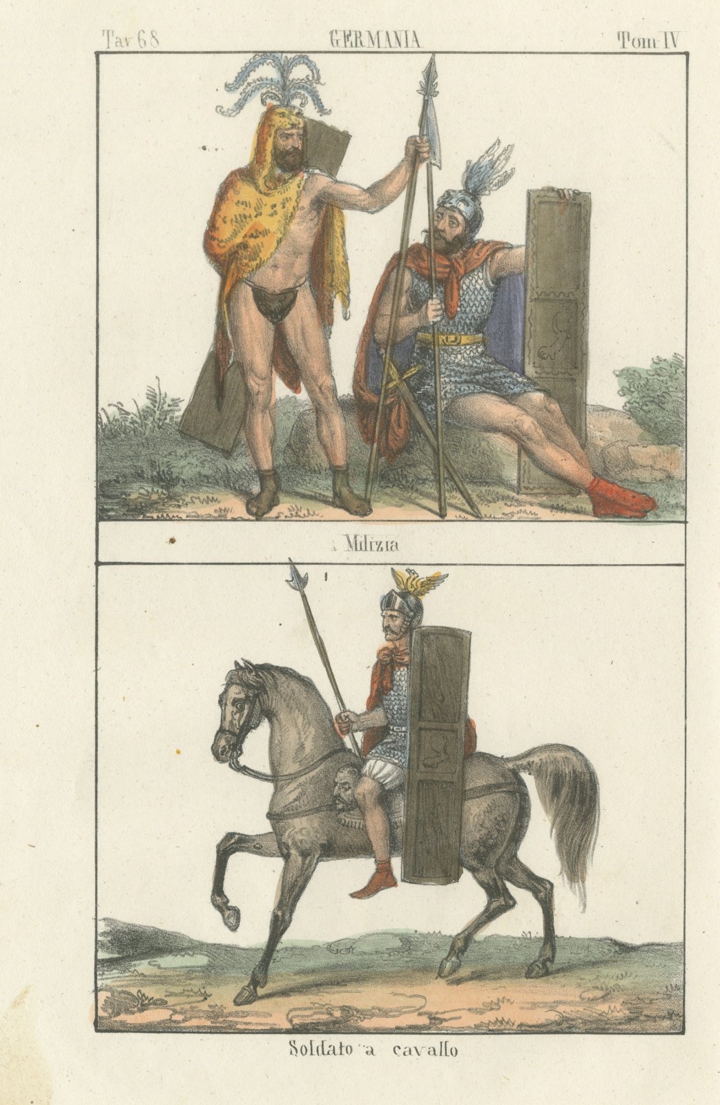 Ancient Germanic Militia and a Mounted Soldier, Hand Colored Lithograph, 1842