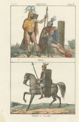 Ancient Germanic Militia and a Mounted Soldier, Hand Colored Lithograph, 1842