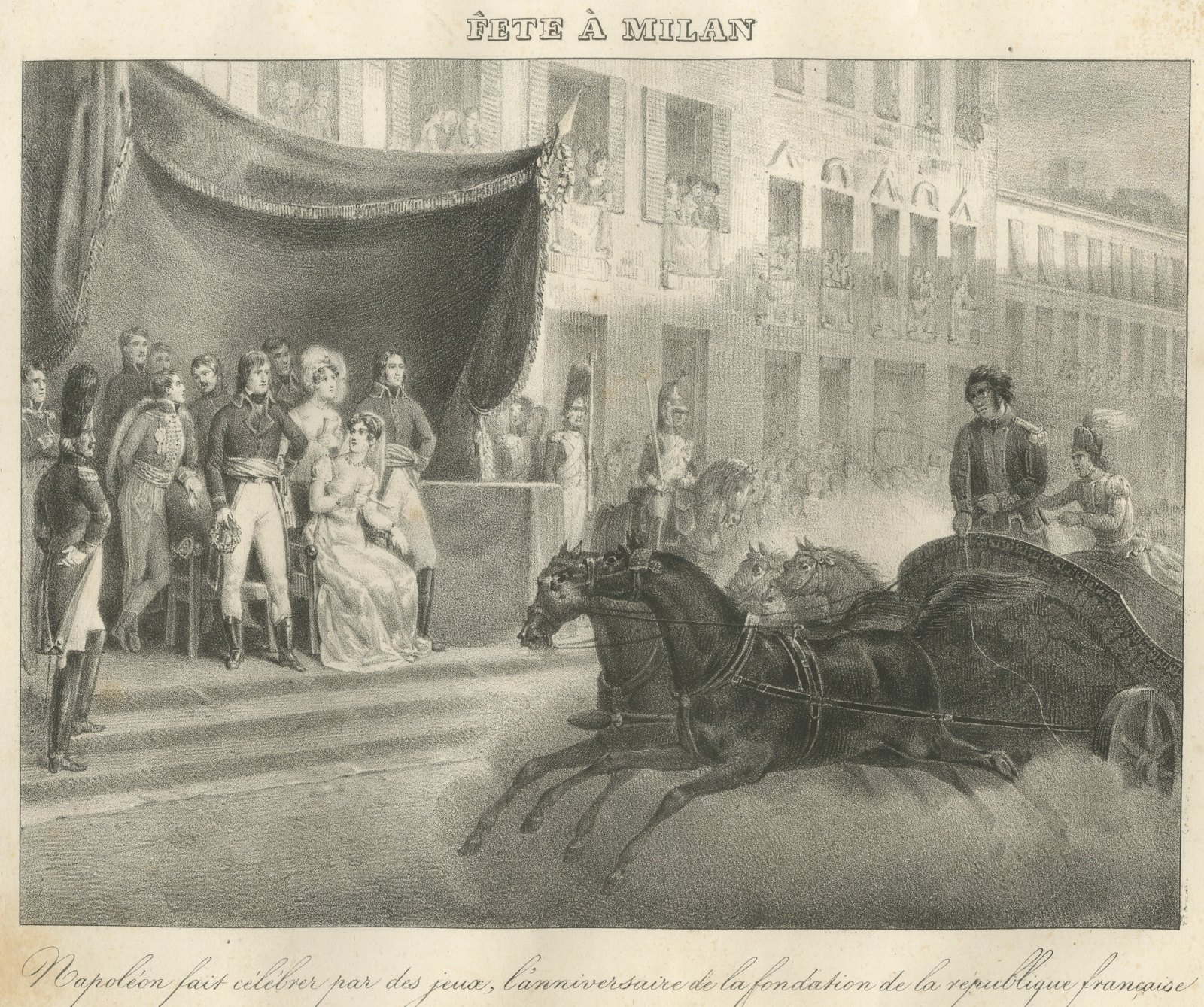 Festival at Milan, the Chariot Race, Antique Madou Lithograph, 1827