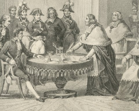The Concordat, the First Consul and Prelates, Antique Madou Lithograph, 1827, close-up 2
