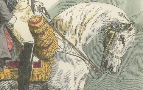 Napoleon Bonaparte on Horseback, L’Empereur, French Hand-Colored Print, 1843, close-up 2