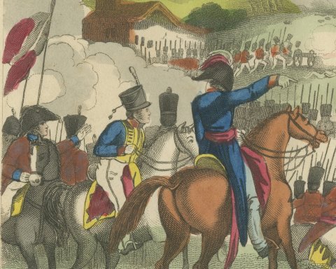 Battle of Waterloo with Cuirassiers Facing British Infantry, 1816, close-up 1