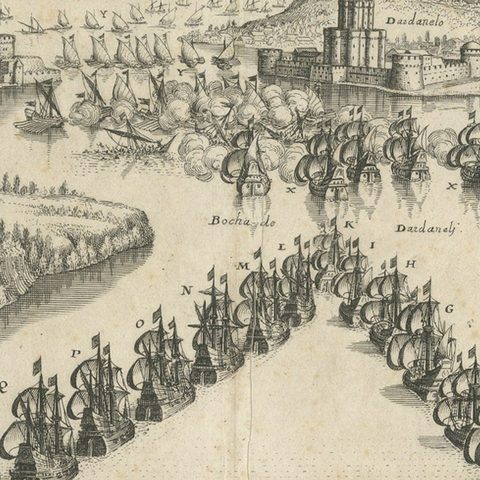 Copper Engraving by Merian of The Battle Fleet off Constantinople, 1646, close-up 5