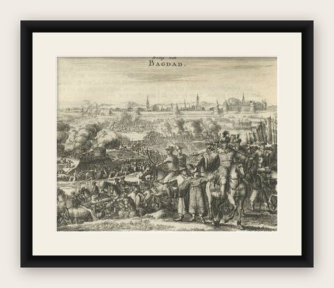 Antique Print of The Siege of Baghdad, Irag, 1680, shown framed