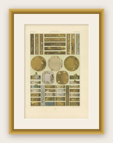 Pl. 10 Antique Print of Japanese Sword & Knife and Handles, Racinet, circa 1890, shown framed