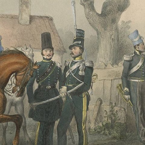 Old Hand-Colored Print of Officers and Horses of the Belgium Army, 1833, close-up 1