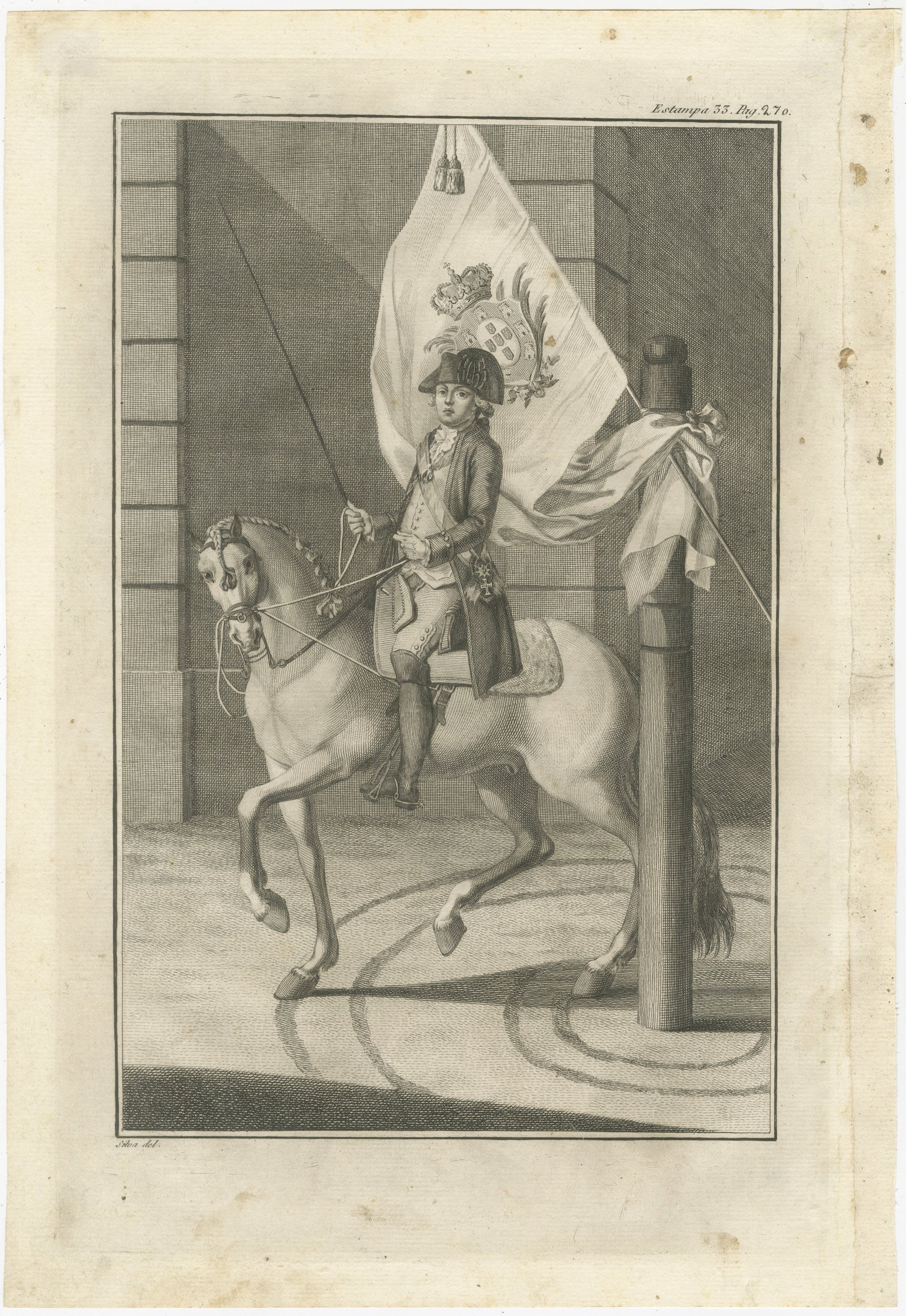 Portuguese Cavalry Officer with Royal Standard, Equestrian Engraving, 1790