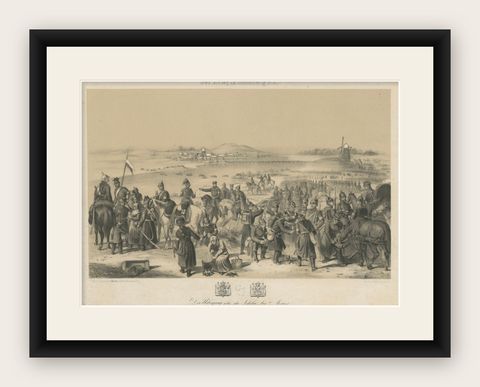 German Lithograph of the Schleswig War Crossing at the Schlei Near Arnis, 1864, shown framed