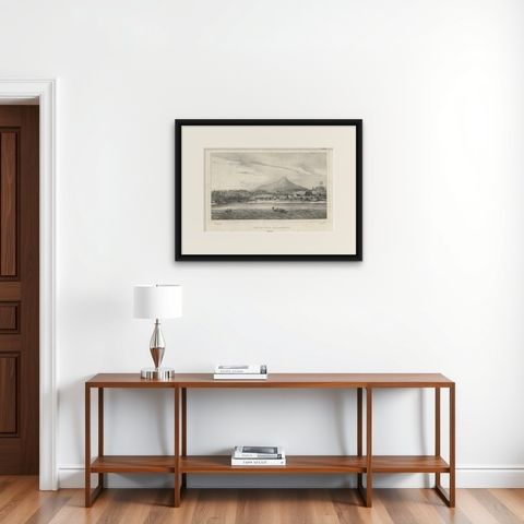 Antique Print of a Dutch Fortress in Manado Bay, Sulawesi, Indonesia, 1833, shown framed on a wall