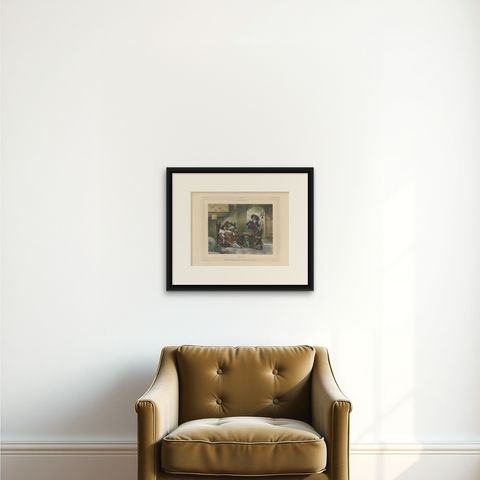 1835 Hand-Colored Lithograph: A 17th Century Guardroom, Soldiers at Rest, shown framed on a wall