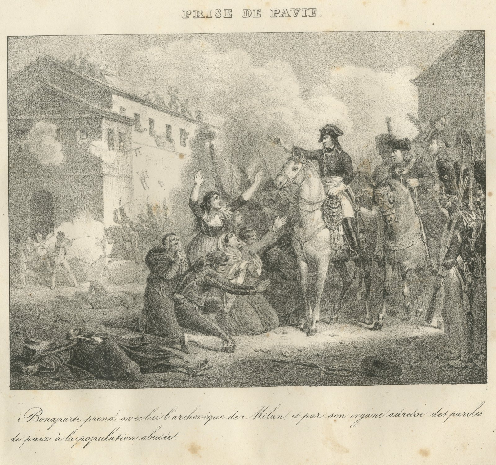 The Taking of Pavia, the Archbishop of Milan, Antique Madou Lithograph, 1827