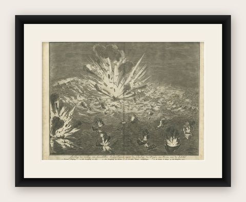 Explosion of a Pontoon Bridge at the Siege of Antwerp (1585) by Coenraet Decker, shown framed