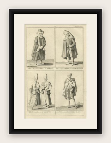 Ottoman Dervish Costumes and Soldiers from the 18th Century, Engraved in 1734, shown framed