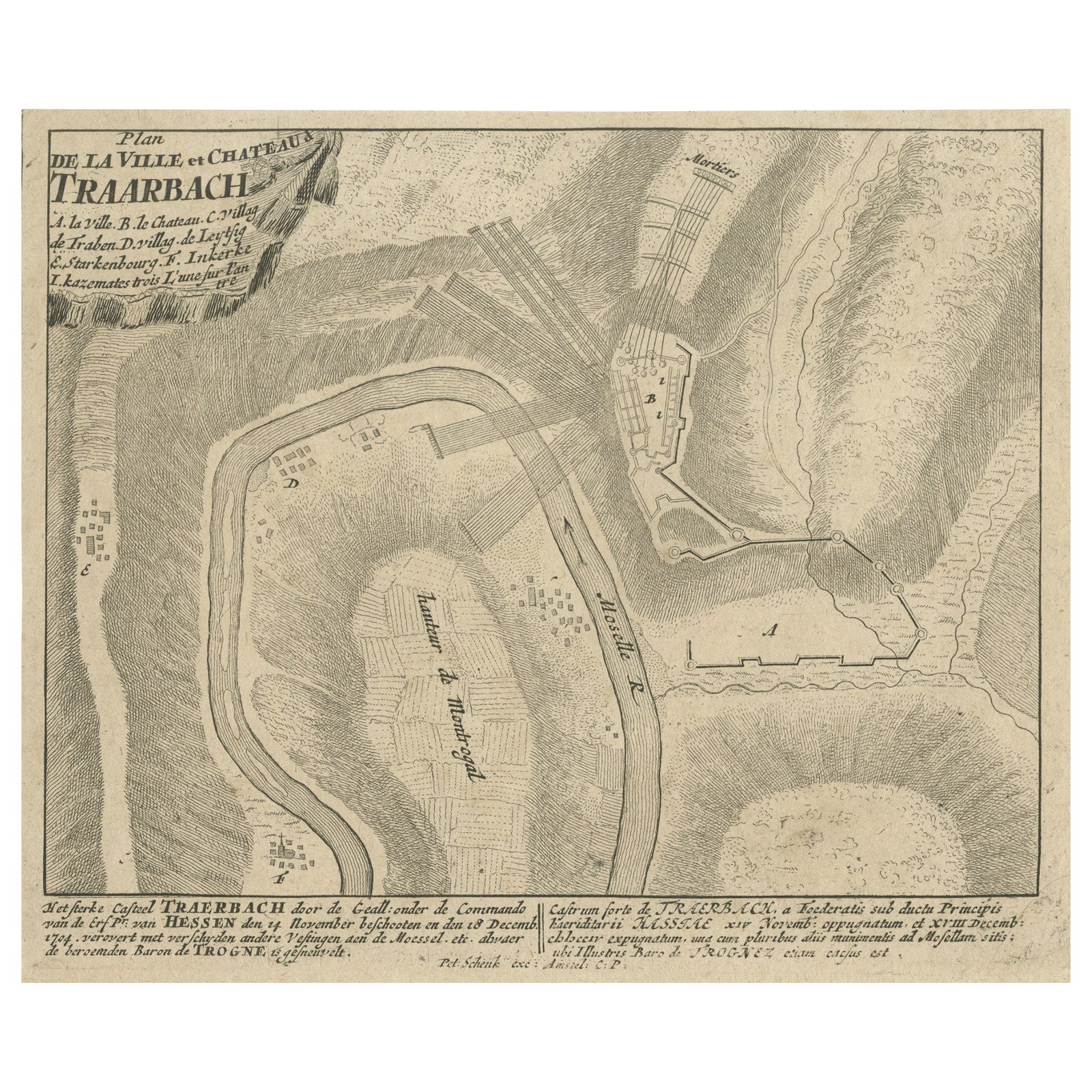 Old Engraving of the Trarbach Battle in Rhineland-Palatinate, Germany, c.1710