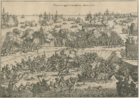 Battle of Kauwenstein Dijk, 1585: Siege of Antwerp Engraving with Latin Legend, close-up 1