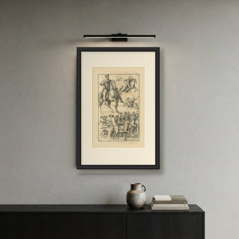 Roman Equestrian Statue and Cavalry Reliefs, Montfaucon Engraving, 1722, shown framed on a wall