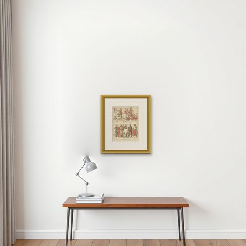 Antique Crusading Knights Plate, Hand-Colored Medieval Print c.1880, shown framed on a wall