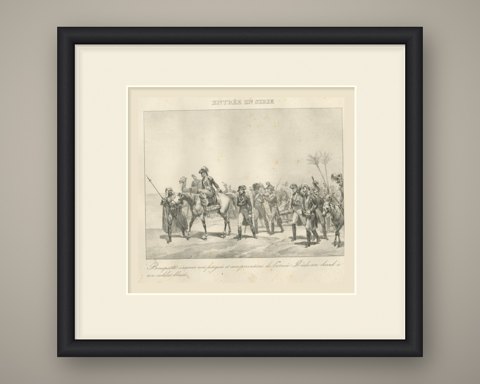 Entry into Syria, Bonaparte Gives Up His Horse, Antique Madou Lithograph, 1827, shown framed