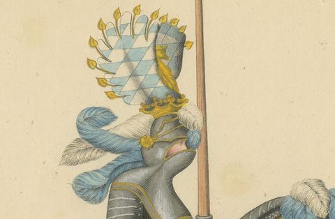 Hand-Coloured Knightly Parade Armour Print with Vibrant Heraldic Motifs, 1842, close-up 2