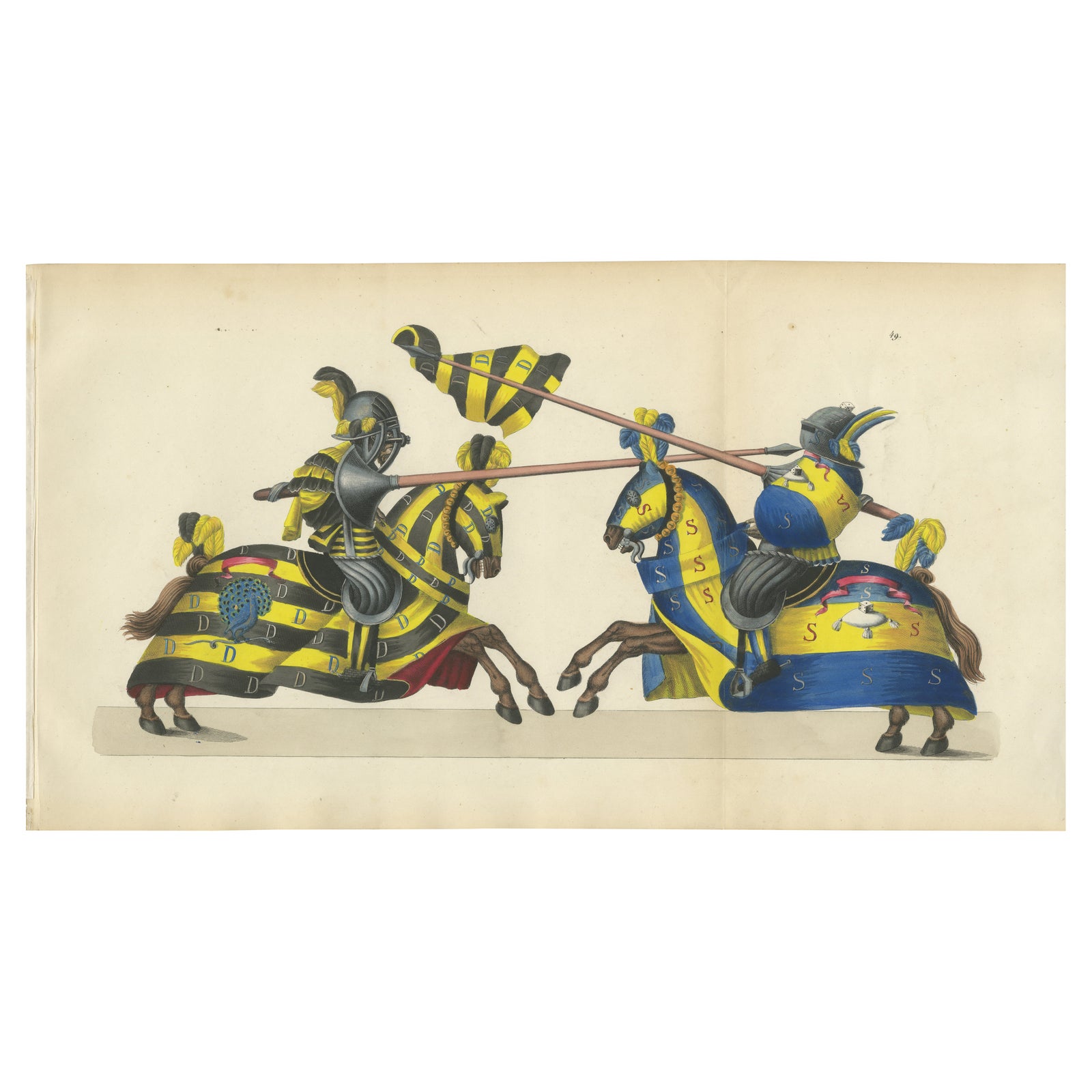 Hand-Coloured Knightly Joust Print: Vibrant Heraldic Horses and Armor, 1842