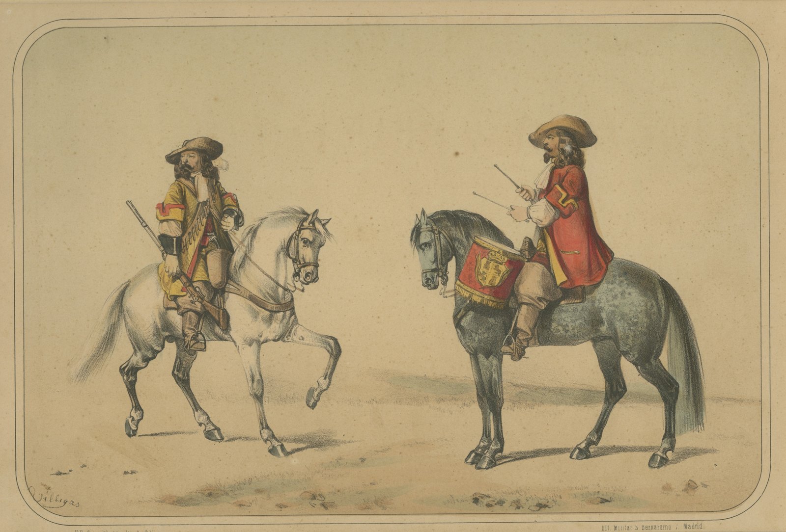Spanish Cavalry Trooper and Mounted Drummer by Villegas, Clonard Album, 1861