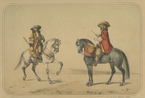 Spanish Cavalry Trooper and Mounted Drummer by Villegas, Clonard Album, 1861