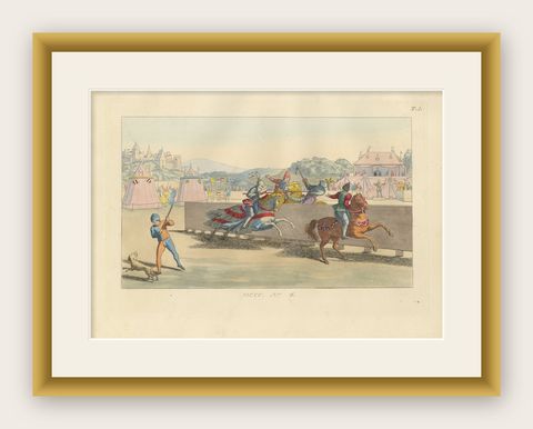 Medieval Tournament Joust Scene with Knights and Spectators, 1845, shown framed