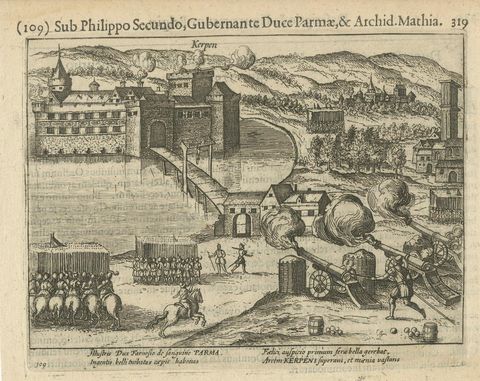 Siege of Kerpen under Duke of Parma, Original Engraving from Baudartius, 1616, close-up 1
