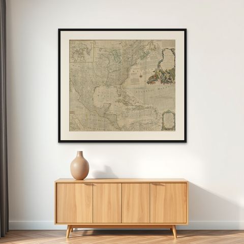 Rare Antique Wall-Map of North America: French and Indian War Boundaries, 1793, shown framed on a wall