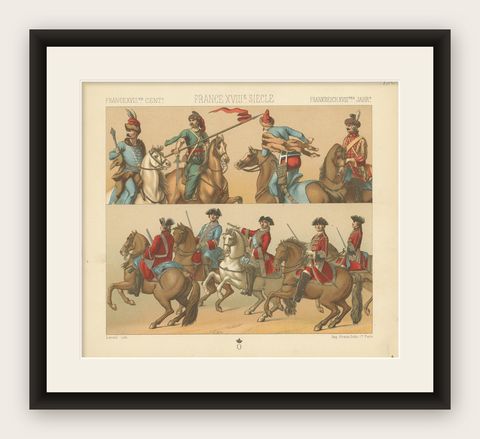 Pl. 130 Antique Print of French 18th Century Military Outfits by Racinet, shown framed
