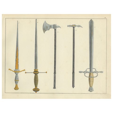 19th-Century Hand-Coloured Lithograph of Swords, Axes, and War Hammers