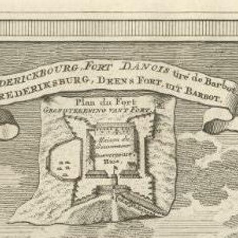 Antique Print of the Danish Fort of Groot Frederiksburg at Pokesoe, circa 1750, close-up 1