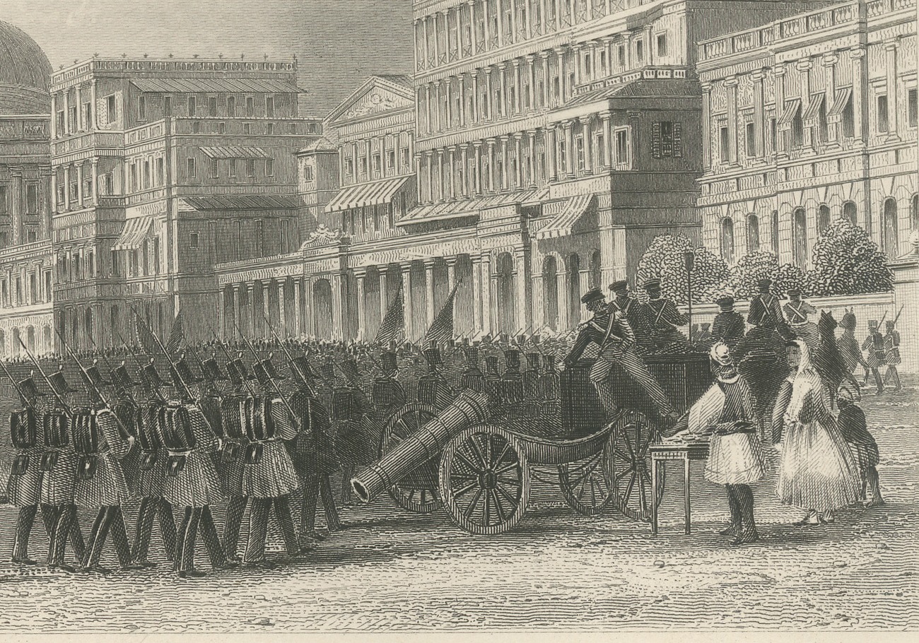Calcutta, Soldiers and Artillery Before Classical Palaces, Engraving, 1859, view 3