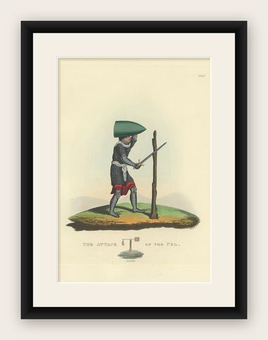 Antique Print of the Attack of the Pel with a Soldier Attacking a Quintain, 1842, shown framed