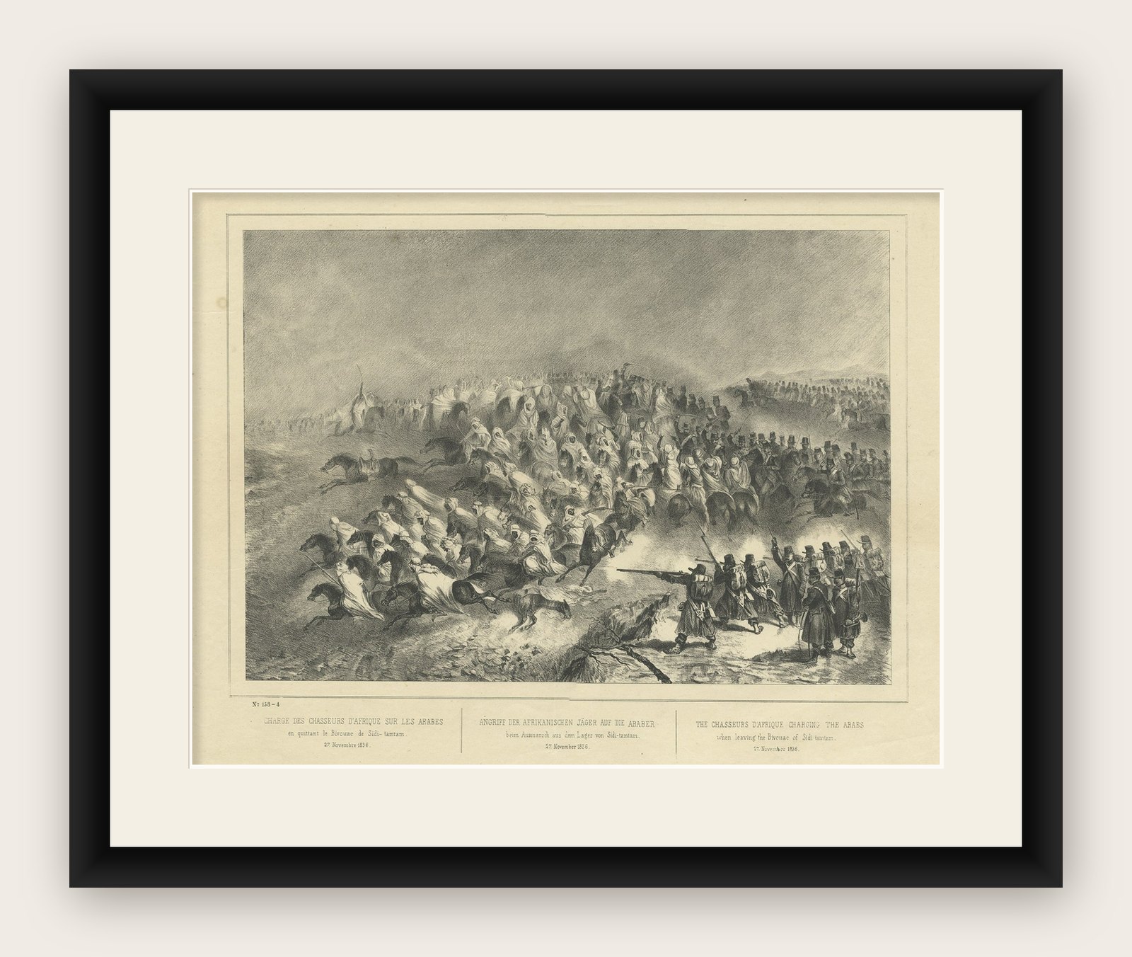 Old Print of Chasseurs d'Afrique Charging the Arabs in Algeria, ca.1840
