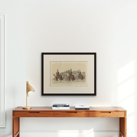 Resplendent Cavalry Fanfare, Trumpet Corps of the Swiss States’ Escort in 1853, shown framed on a wall
