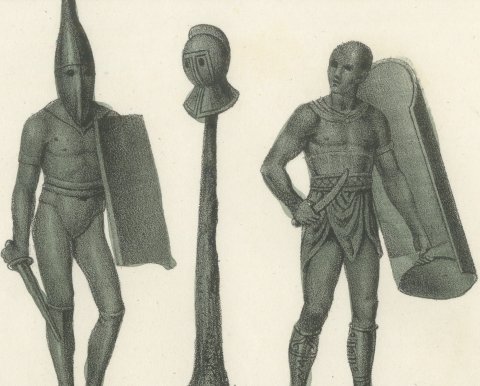 Etruscan Soldiers and a Fighting Horseman, Hand Colored Lithograph, 1842, close-up 1