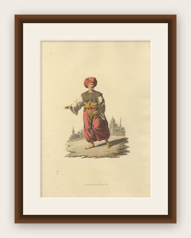 Antique Print of Mameluke of Egypt, the Military Costume of Turkey, 1818, shown framed