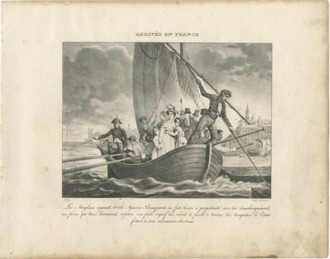Arrival in France, the Bonapartes Flee Ajaccio, Antique Madou Lithograph, 1827, view 2