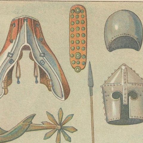 Medieval German Knights and Armor, Antique Hand-Colored Print c.1880, close-up 3