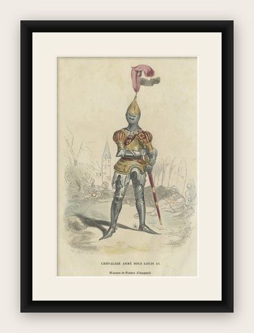 Hand-Colored Lithograph of an Armed Knight under the Reign of Louis XI, ca.1860, shown framed
