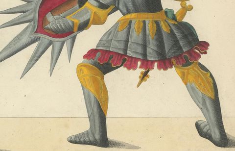 Dramatic 19th-Century Lithograph of Knights with Elaborate Spiked Shields, close-up 1