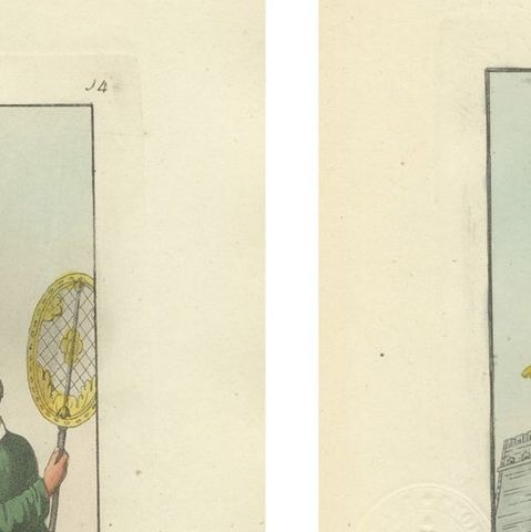 China Qing Court Officials & Armored Guard, Antique Hand-Colored Print Pair 1815, close-up 1