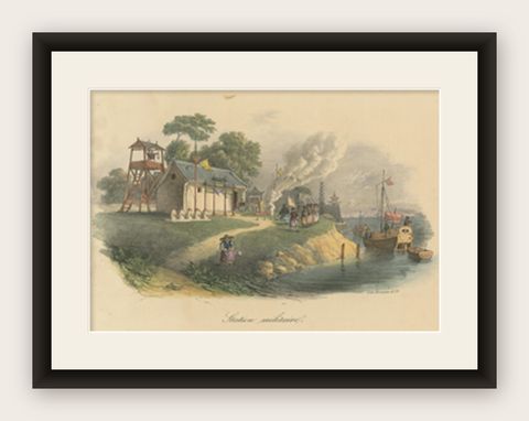 Antique Print of a Chinese Military Station, shown framed
