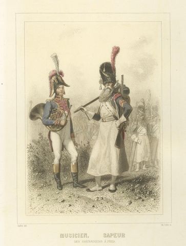 Napoleonic Military Musicians, Sapper, Horn Player, and Drum Major, 1859, close-up 1