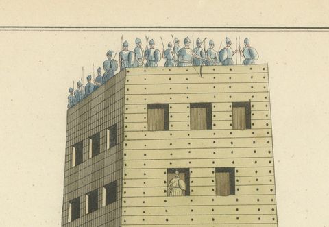 19th-Century Hand-Coloured Lithograph of a Medieval Siege Tower in Action, close-up 2