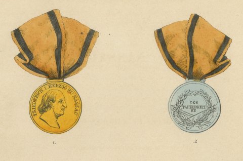 Nassau Medals, Waterloo Medal and Service Crosses, Plate XLIX, 1844, close-up 1