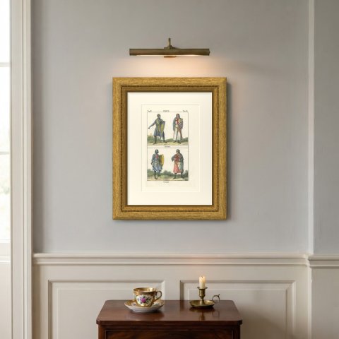 Crusader Knights in Mail with Heraldic Shields and Surcoats, 1842, shown framed on a wall