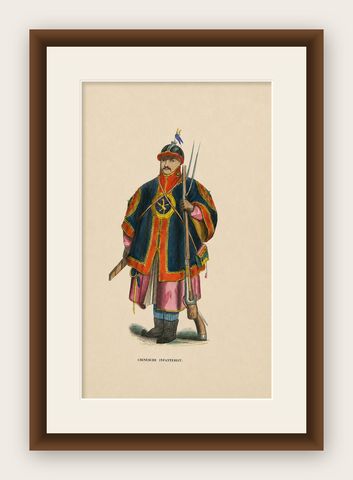 Chinese Infantry Soldier Costume Print, Hand-Colored Military Plate, 1854, shown framed